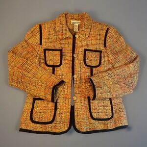 Yves St Clair Tweed Jacket 16 Brown Orange Boucle Velvet Trim Gold Buttons Lined
